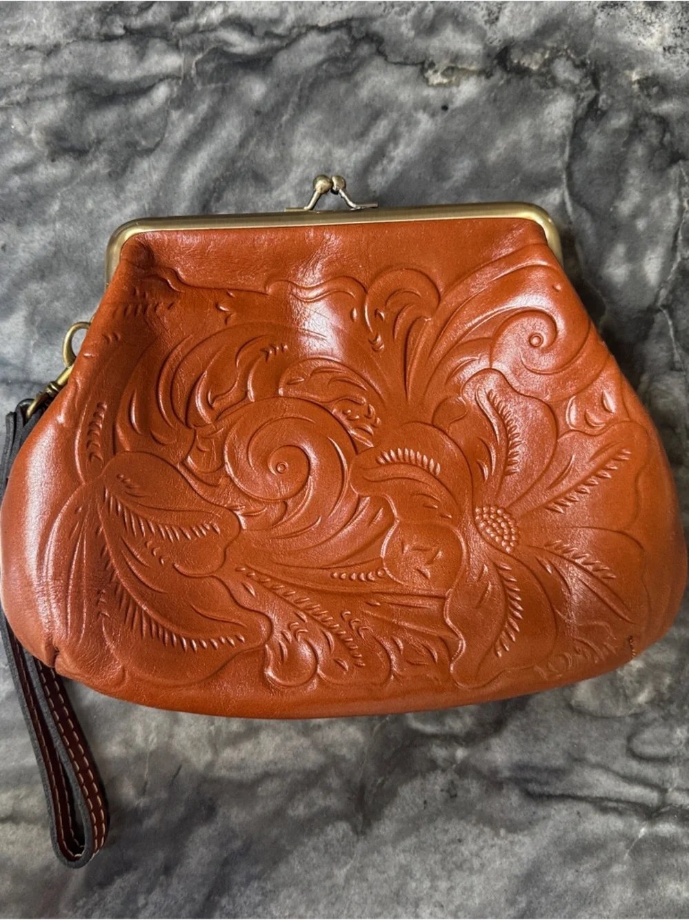 Patricia Nash Embossed Leather Wristlet in Cognac